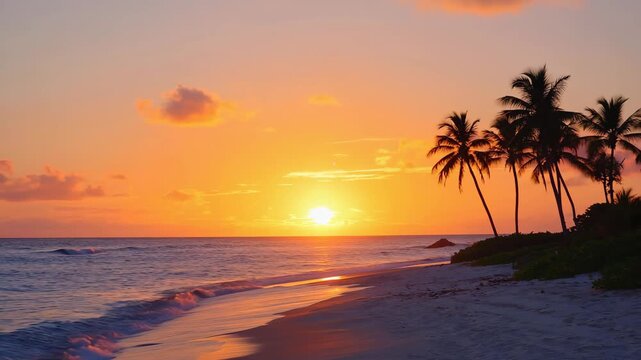 Serene tropical beach sunset with silhouetted palm trees gentle waves and vibrant orange sky