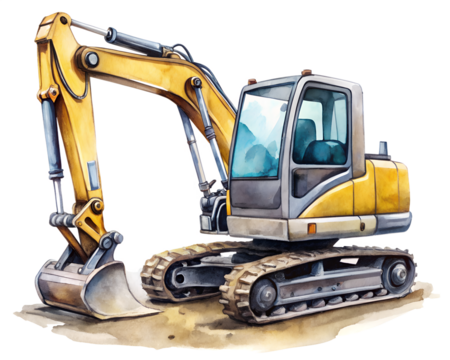 Yellow excavator on a construction site isolated on transparent background