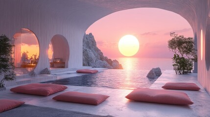 Serene Sunset View from Modern Villa Overlooking Calm Ocean