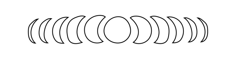 Triple lunar mystic phases show waxing, astrology, full moon, tarot. Waning cycle reflects witchcraft and magic in occult style. Symbols include esoteric moon, celestial rituals, spells, zodiac and co