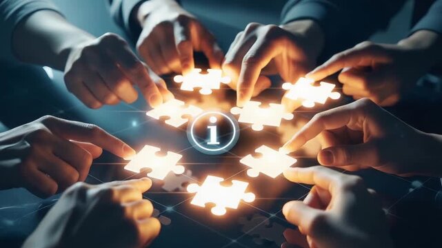 Teamwork and Collaboration - Hands Connecting Puzzle Pieces with Information Icon.