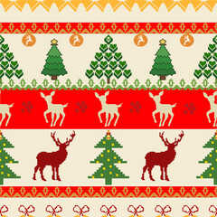 Christmas holiday elements reindeer, Christmas trees, and sleighs. Ideal for festive gift wrapping, textile design, winter wallpaper, or ugly sweater prints. Traditional knit classic styles included.