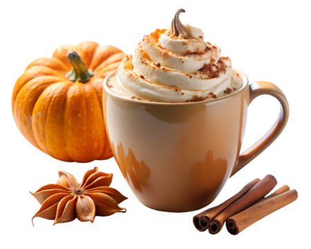 A mug of pumpkin spice latte with whipped cream and cinnamon, isolated on transparent background