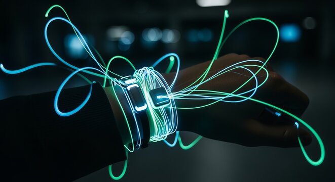 Futuristic smartwatch interface glows with vibrant blue and green light trails, symbolizing innovation and advanced connectivity.