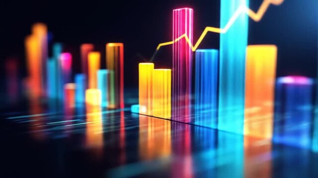 Abstract data visualization with colorful bars and a line graph, on a reflective dark surface