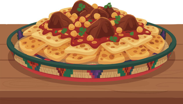 A traditional Ethiopian dish of Chechebsa, or Fit-Fit, with torn flatbread, a savory meat stew, and chickpeas, a popular and hearty meal for breakfast or lunch.