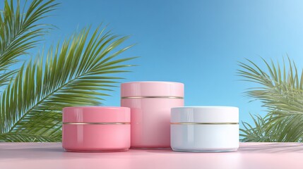 Three cosmetic jars against a bright blue sky with palm leaves