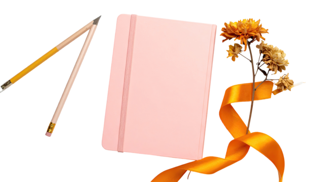 Pastel pink notebook, pencils, dried flowers, and ribbon
