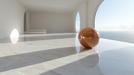 Modern minimalistic interior with ocean view and reflective sphere