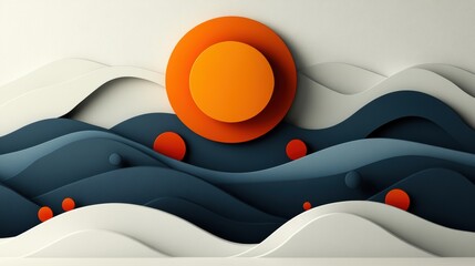 Abstract 3D Waves and Sun in Warm Color Palette Design Elements
