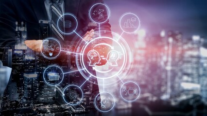 Obraz premium AI collaboration and connectivity enhance AI, system, and connectivity by linking data, automation, and digital networks in a seamless process Marrow