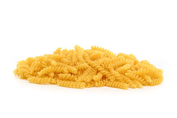 A pile of yellow pasta with a white background