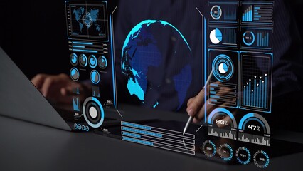 High-tech global network connection interface showing worldwide digital communication, data exchange, and internet connectivity. Global connection, data interaction, and worldwide communication. Thunk