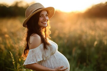 Happy pregnant woman enjoying a sunny day in a flower field surrounded by blooming flowers and nature's beauty