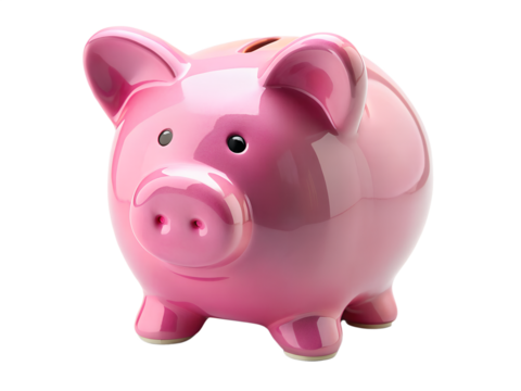 A shiny pink ceramic piggy bank with a coin slot isolated on transparent background