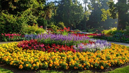 Colorful Flowerbed in a Lush Garden Setting.
