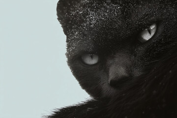 Close up of black cat with snow on fur