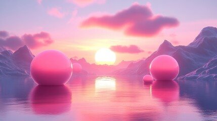 Dreamy Landscape with Pink Spheres at Sunset Over Calm Water