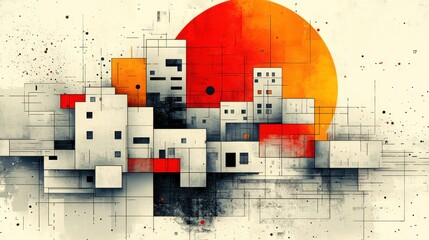 Abstract Urban Landscape with Geometric Shapes and Sunburst Design
