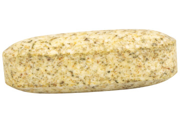 Garlic supplement pills on white background