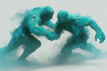 Two abstract muscular figures wrestling