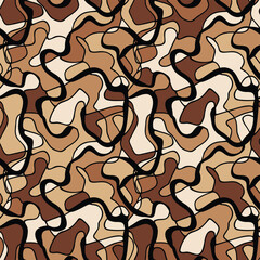 Abstract seamless pattern with flowing organic shapes in various shades of brown and beige, outlined in black, creating a stylish earth-tone camouflage design.