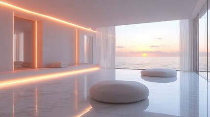 Modern minimalistic interior with view of sunset over ocean