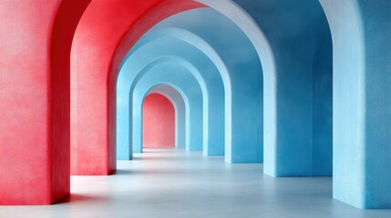 Vibrant Arched Hallway with Red and Blue Walls in Modern Architecture