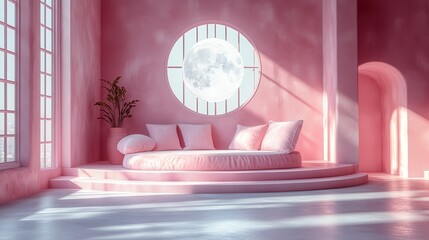 Cozy Pink Room with Large Window and Moonlight Reflections