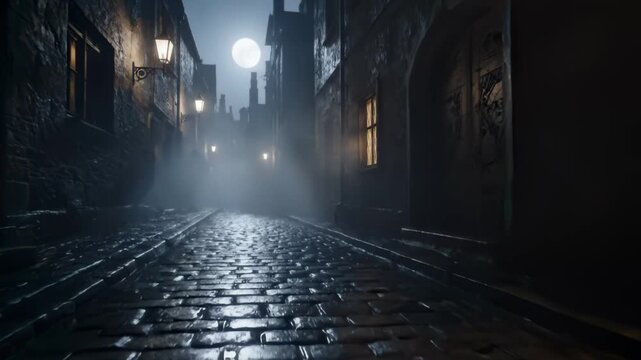 Enchanting Old Town Street Under Moonlight and Eerie Fog