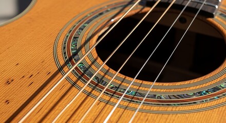 Obraz premium Captivating close-up showcases the intricate abalone inlay and polished wood grain of a classical guitar's soundhole, bathed in warm sunlight.