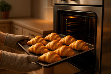 Tray of Croissants Freshly Baked in Modern Kitchen