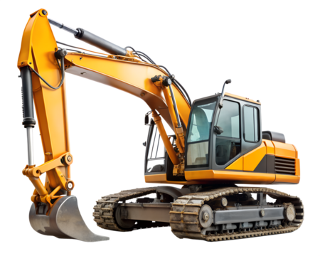 Yellow excavator with large bucket and tracks isolated on transparent background
