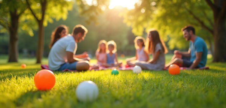 A family enjoys a sunny picnic and outdoor games in a park. Parents and children spend leisure time relaxing playing ball together. Happy people have fun at family gathering.