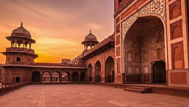 Ancient Architecture With Ornate Arches Under Sunset Sky in Lahore Pakistan