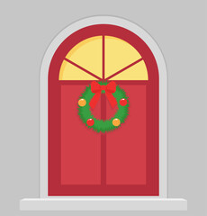 A front door decorated with Christmas wreath of pine branches with colored balls and a red ribbon bow. Vector image. 