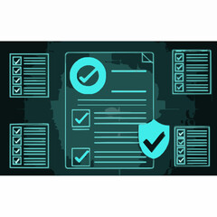 Teal checklist and shield with checkmarks on dark background