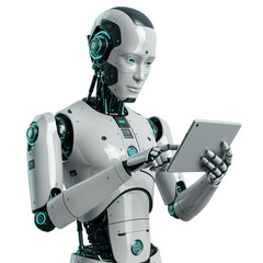 Humanoid robot using digital tablet isolated on a transparent background