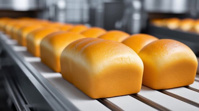 Golden bread loaves move smoothly along automated conveyor belt in industrial bakery production line, captured in steady sequence of transport