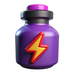3d purple potion bottle with lightning bolt isolated on transparent background