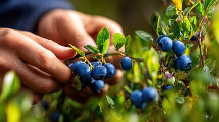 Close up of hands gently picking fresh blueberries from a bush in natural light