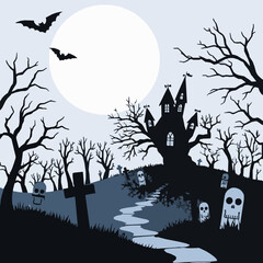 Spooky Halloween haunted house graveyard bats full moon