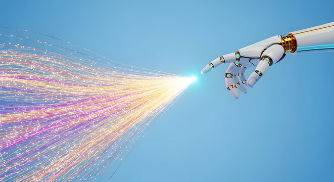 Digital generated image of robotic hand touching line and making new multicoloured impulse on black background. Digitization, automation and artificial intelligence concept.