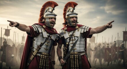 Two roman soldiers pointing and yelling during battle, leading troops. Ancient legionnaire in uniform armor during a historic war.