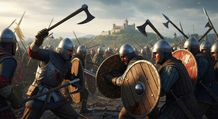 Warriors with shields and axes in medieval combat, knights in a fierce battle with a castle stronghold in background representing historical warfare.
