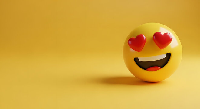 face with love eye emoji falling in love emoji isolated on yellow background , Love emoticon 3d rendering background, social media and communications concept