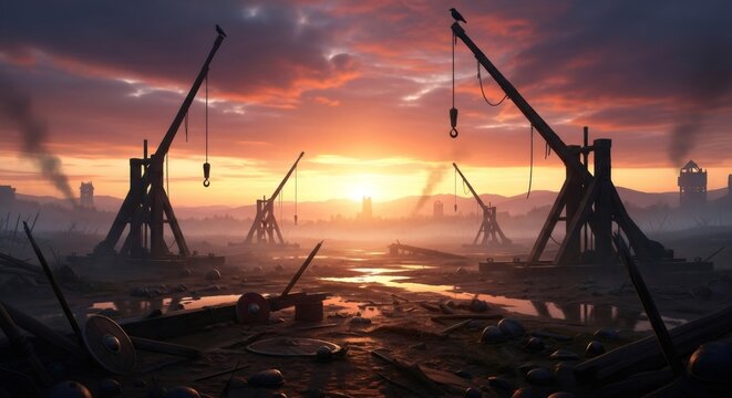 Siege warfare battlefield at dawn with trebuchets and castle under a dramatic sky. Medieval war strategy and battle concept with historical reenactment. - Powered by Adobe