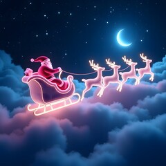 Christmas magic captured in a neon light installation of a flying sleigh silhouette against a dark sky.