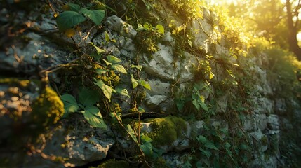Obraz premium Sunlight filtering gently through leaves onto moss-covered forest rocks