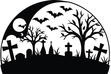 Horror Halloween night sky illustration with scary pumpkin and bats silhouette near a dark cemetery landscape vector design